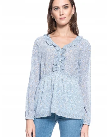 Bluza Dama,  Emma V Flounce S, Bumbac, Zilnic, Croi Regular, Fara Buzunare, Croiala Larga, Calitate Superioara, Confortabil, Albastru