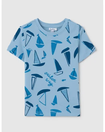 Tricou cu decolteu la baza gatului si imprimeu, Albastru inchis