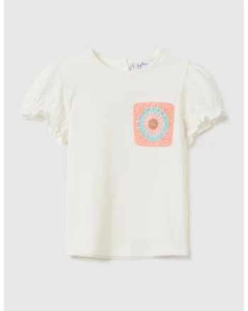 Tricou cu aplicatie crosetata, Alb murdar