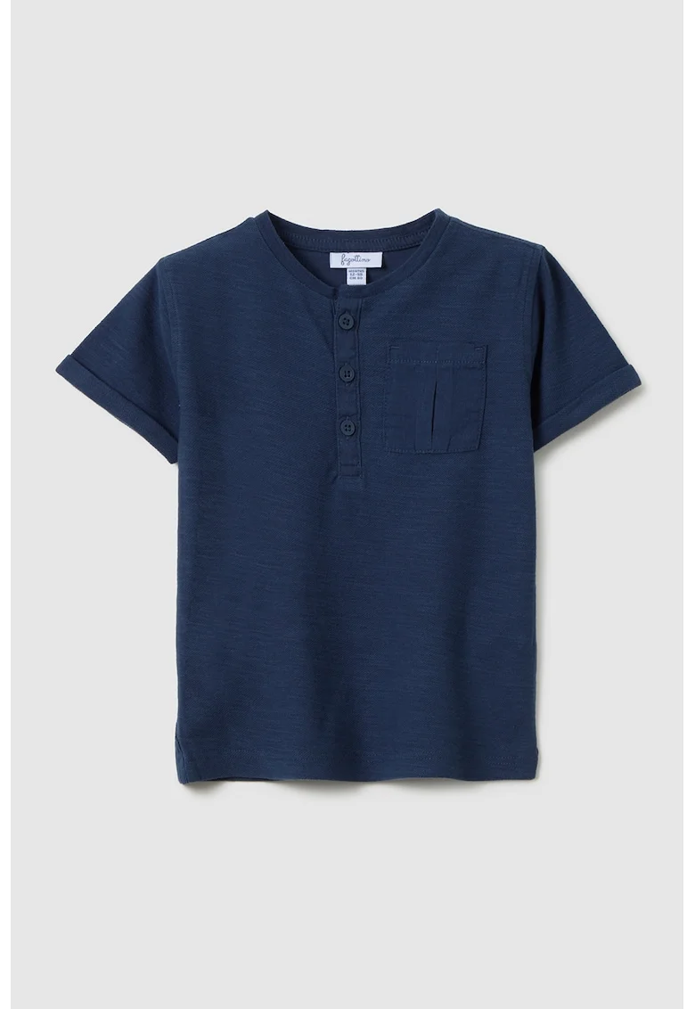 Tricou cu fenta cu nasturi si buzunar pe piept, Bleumarin