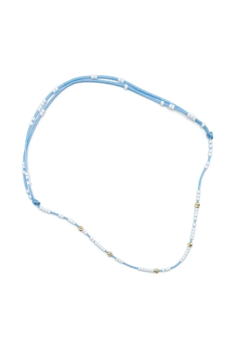 Bratara de picior cu bile din AUR 14K si Margele Miyuki Albe, snur albastru baby blue reglabil, dama