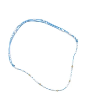 Bratara de picior cu bile din AUR 14K si Margele Miyuki Albe, snur albastru baby blue reglabil, dama