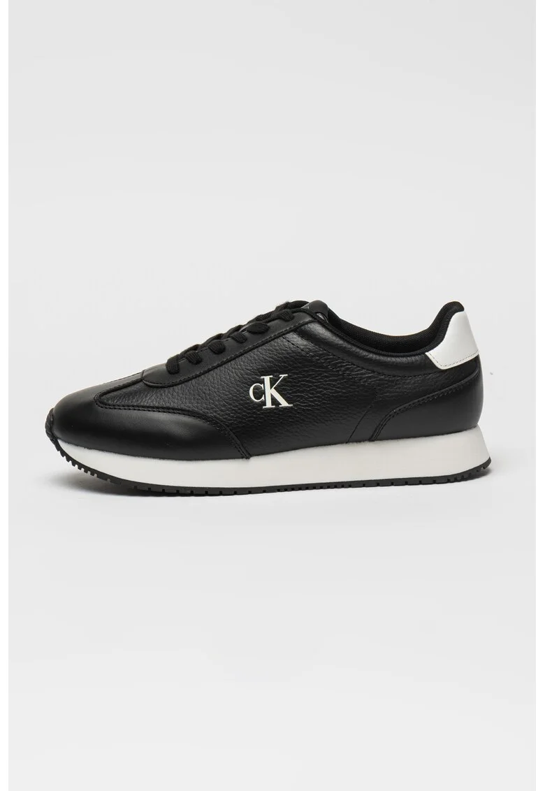 Pantofi sport din piele cu garnituri din piele ecologica, Alb/Negru stins