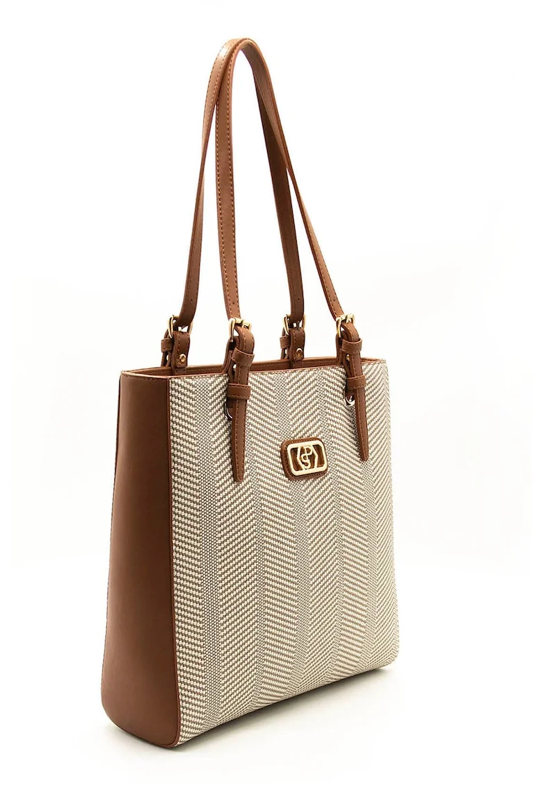 Geanta de piele ecologica si material textil, Diverse culori, Maro scortisoara, 32 x 30 x 10 cm