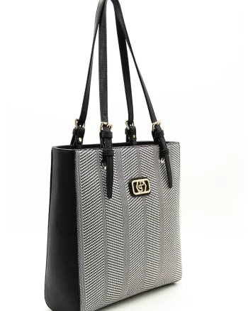 Geanta de piele ecologica si material textil, Diverse culori, Alb/Negru, 32 x 30 x 10 cm