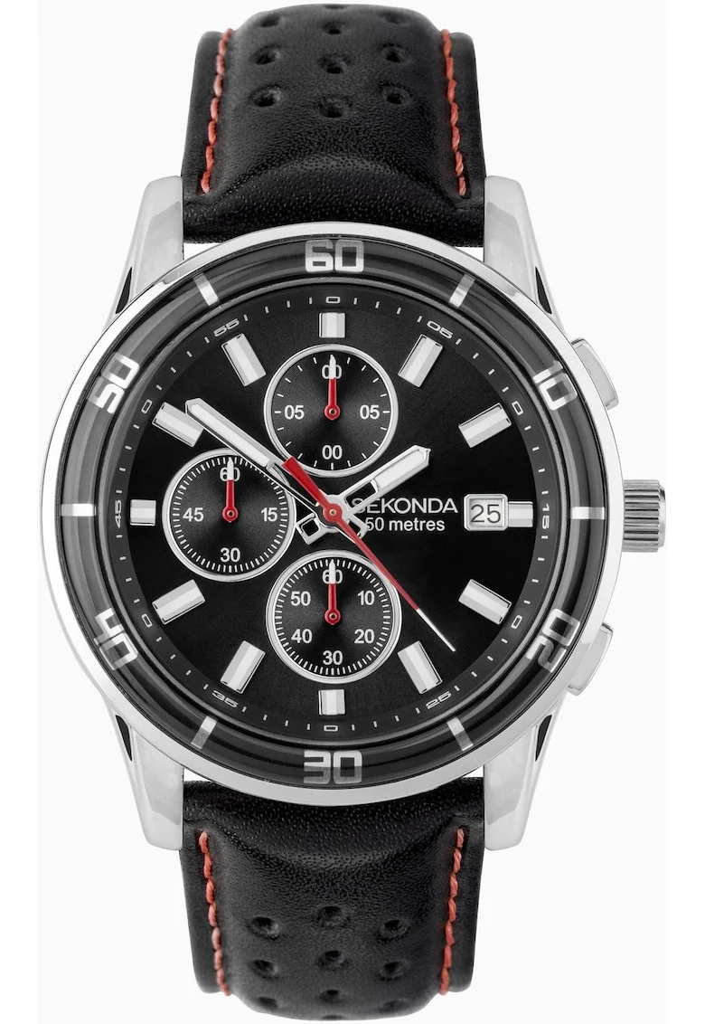 Ceas barbatesc  Midnight 30206, negru, curea din piele naturala, mecanism quartz, rezistenta la apa 5 ATM