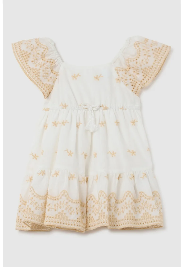 Rochie cu snururi de ajustare in talie si broderie, Bej/Alb optic