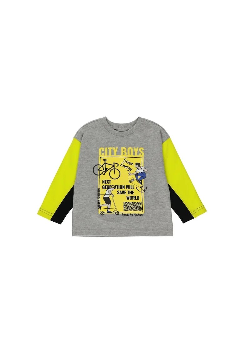 Bluza subtire cu maneca lunga imprimata  - City Boys, Gri cu maneci Galbene, pentru baietei - 68/74