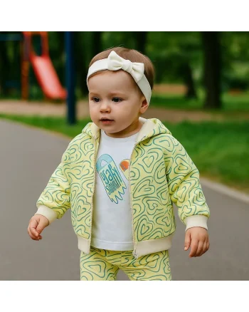 Hanorac cu gluga fermoar si imprimeu Inimioare  - Keep Going, Galben si Bej, pentru fetite, Galben