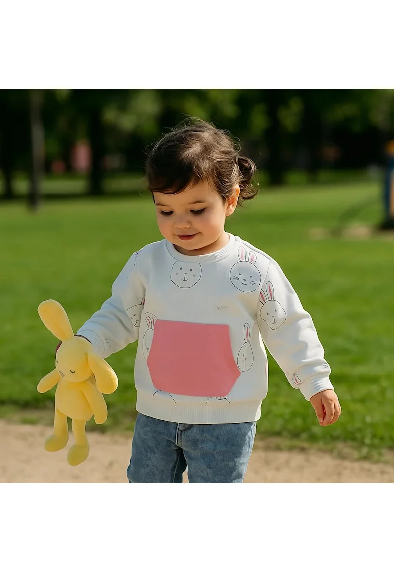 Bluza cu maneca lunga si imprimeu Iepuras  - Stella, Alb si Roz, pentru fetite, Alb