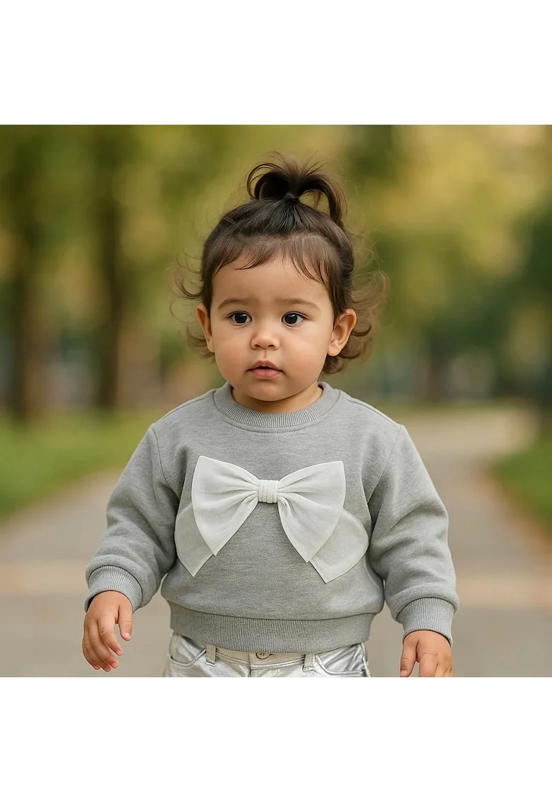 Bluza groasa cu maneca lunga si fundita din tull,  - Little Ballerina, Gri Melanje, pentru fetite, Gri