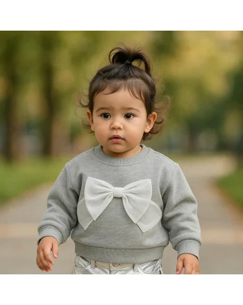 Bluza groasa cu maneca lunga si fundita din tull,  - Little Ballerina, Gri Melanje, pentru fetite, Gri