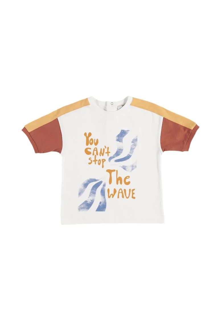 Tricou cu imprimeu si maneci colorate  - Wave Crew, Ecru, pentru baietei, Ecru