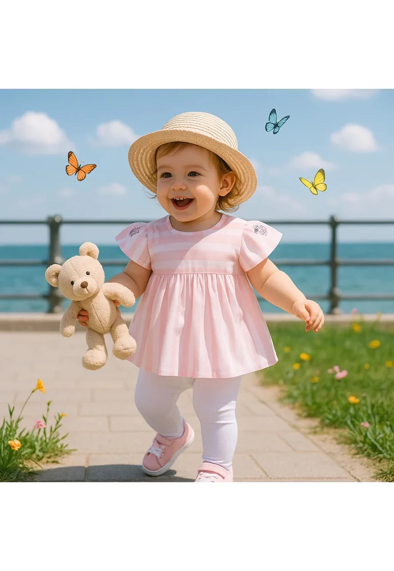Bluza babydoll  - Flowers, Roz cu dungi albe, pentru fetite, Roz