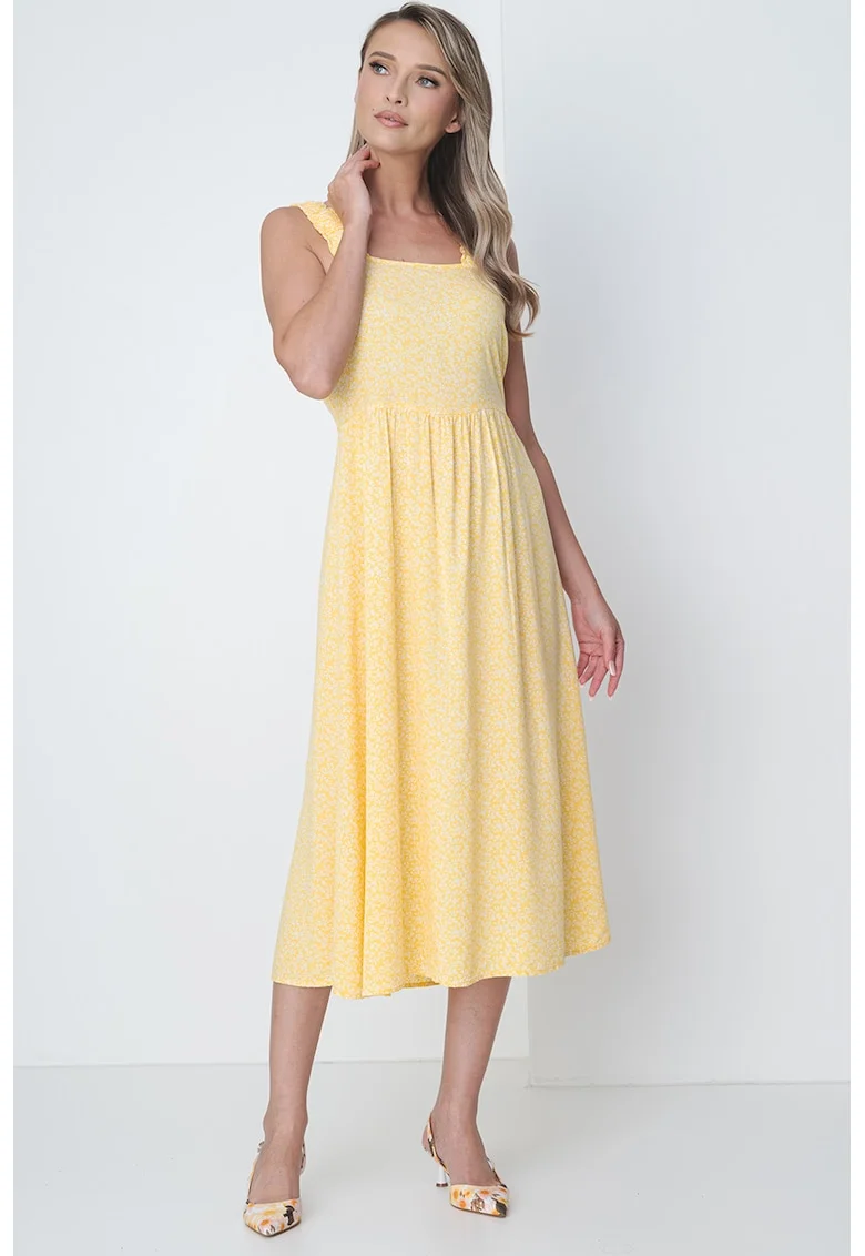 Rochie midi cu model floral si decolteu patrat Nya, Galben