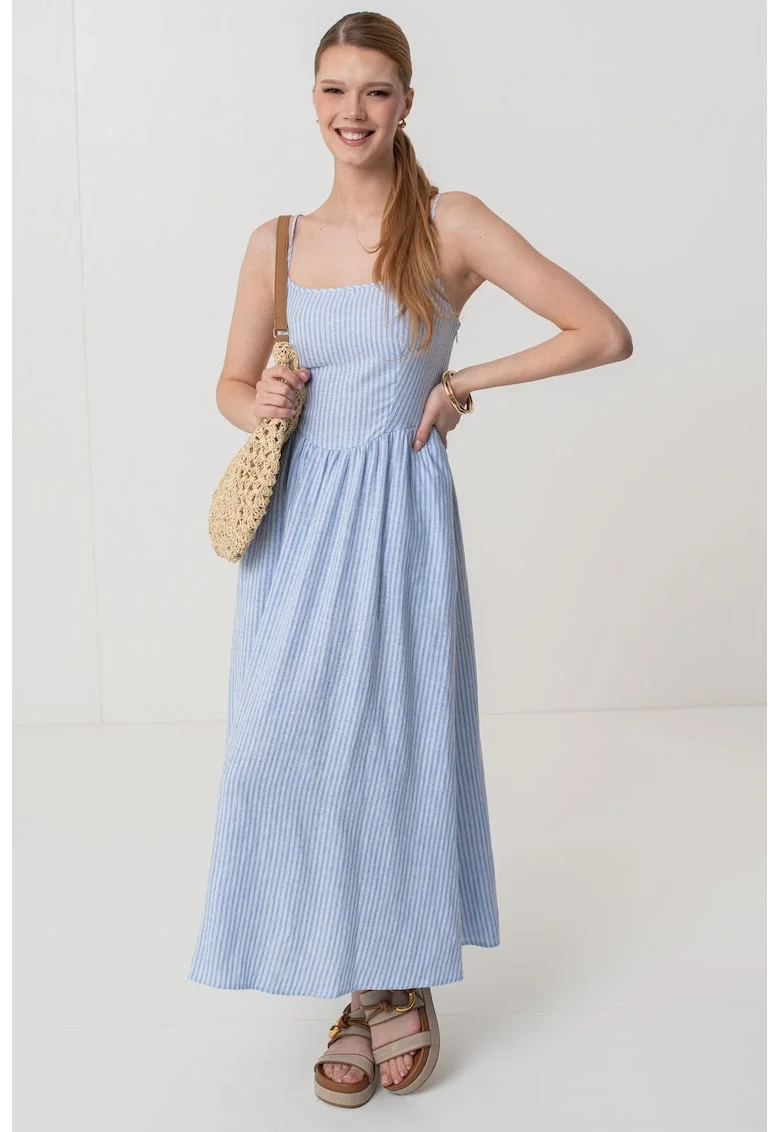 Rochie maxi evazata din amestec de in cu bretele inguste ajustabile, Alb/Albastru pastel