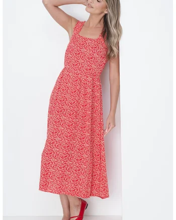 Rochie midi cu model floral si decolteu patrat Nya, Rosu