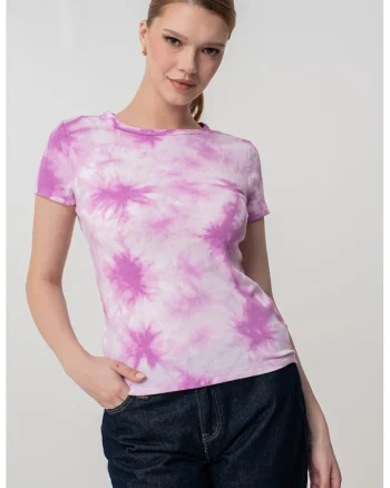 Tricou slim fit cu model tie-dye, Alb/Ametist