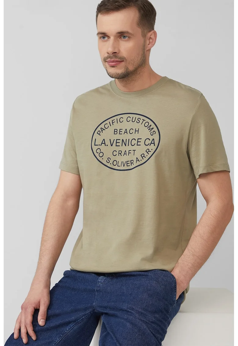 Tricou cu decolteu la baza gatului si imprimeu text, Albastru ultramarin/Bej inchis