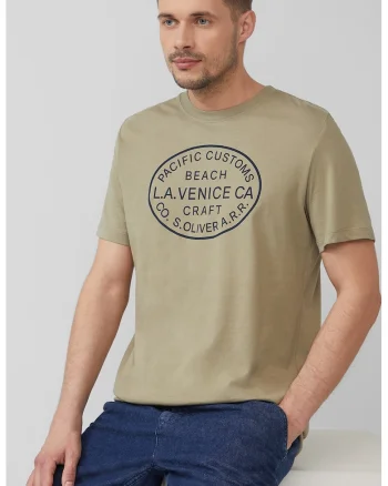 Tricou cu decolteu la baza gatului si imprimeu text, Albastru ultramarin/Bej inchis