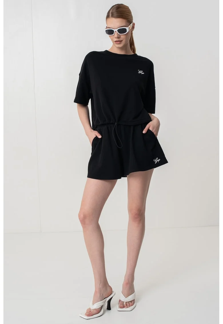 Tricou supradimensionat cu snur in talie, Negru