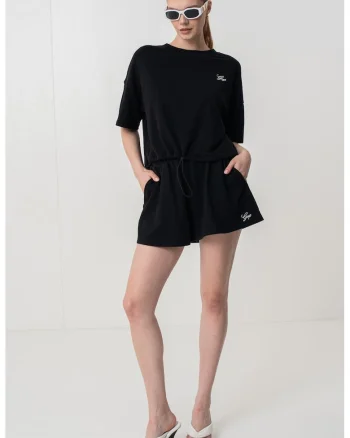 Tricou supradimensionat cu snur in talie, Negru
