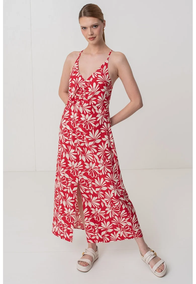 Rochie cu imprimeu, decolteu in V si slit frontal, Rosu vermillion/Alb murdar
