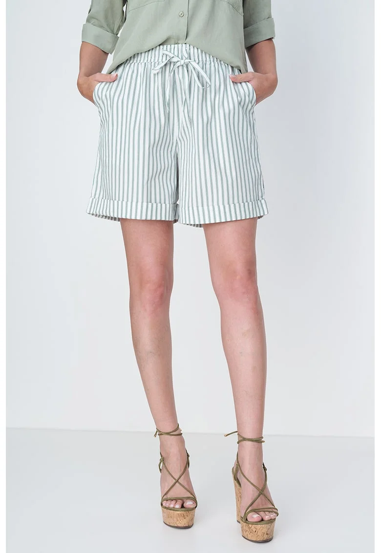 Pantaloni scurti din bumbac cu model in dungi, Verde/Alb murdar