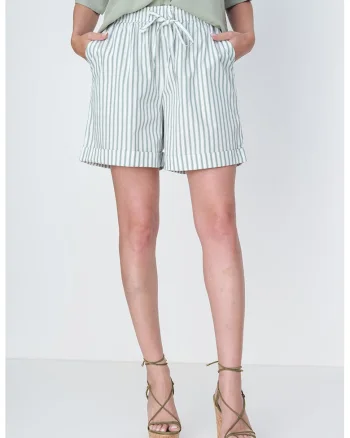 Pantaloni scurti din bumbac cu model in dungi, Verde/Alb murdar