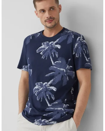 Tricou cu decolteu la baza gatului si model tropical