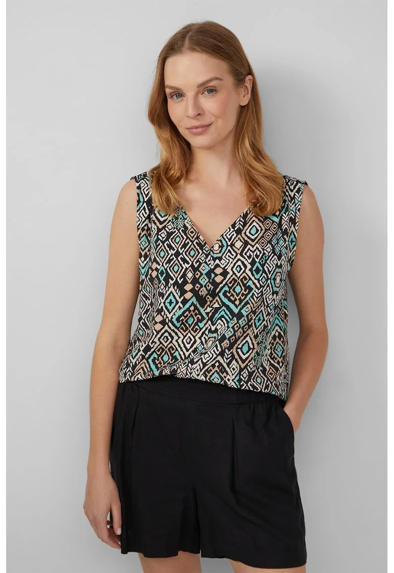 Bluza fara maneci cu decolteu in V, Negru/Turcoaz/Portocaliu pal