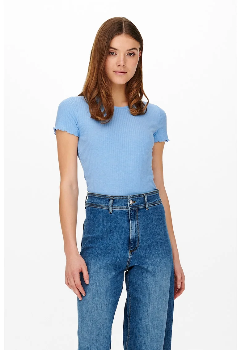Tricou crop cu croiala slim-fit si aspect striat, Albastru deschis