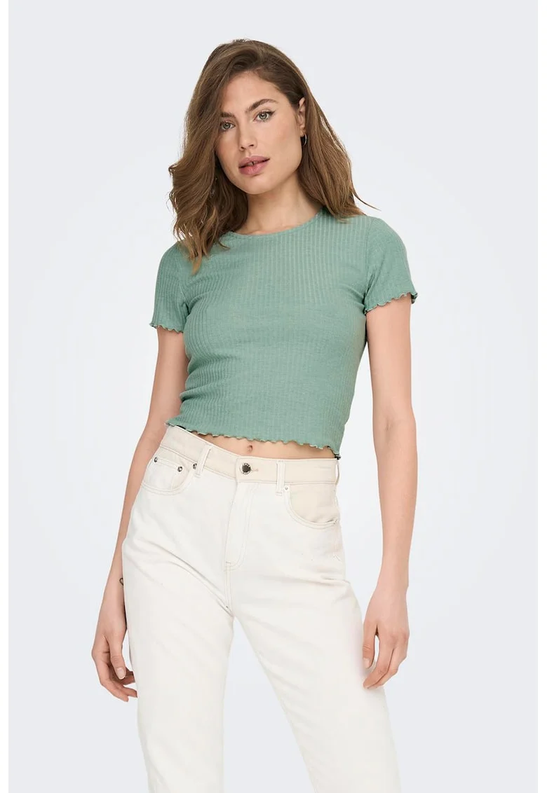 Tricou crop cu croiala slim-fit si aspect striat, Verde deschis
