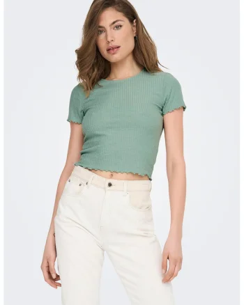 Tricou crop cu croiala slim-fit si aspect striat, Verde deschis