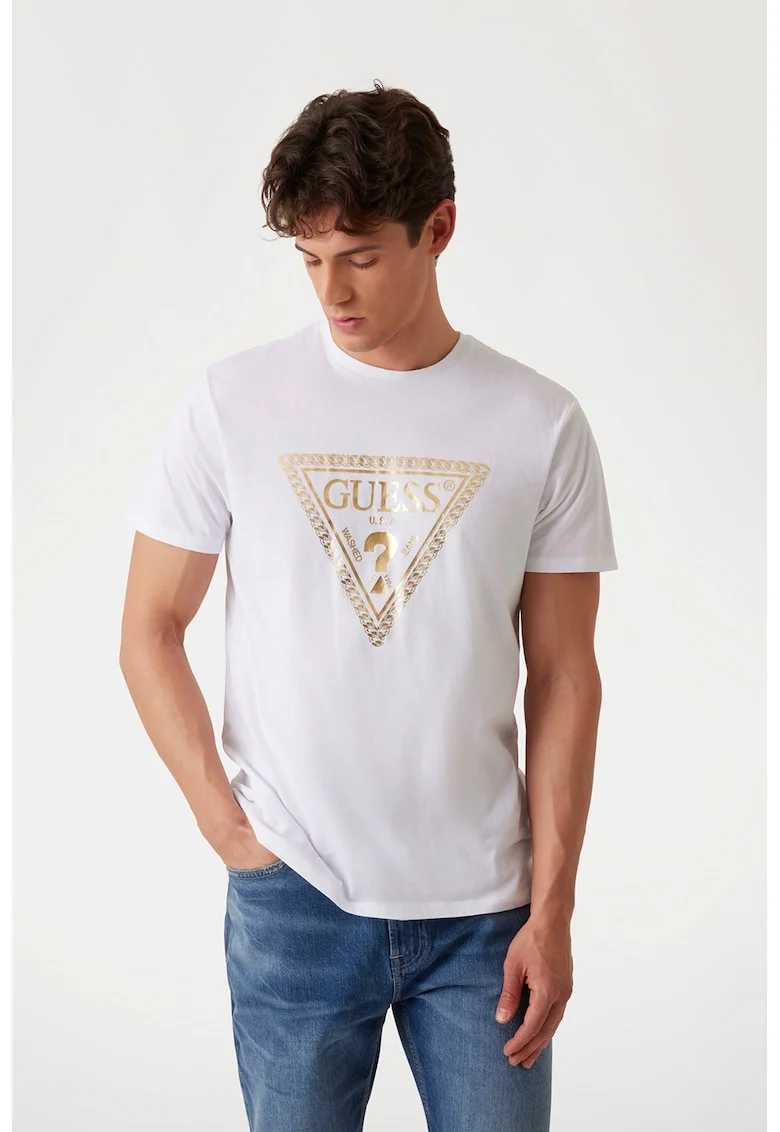 Tricou de bumbac cu imprimeu logo, Alb/Auriu