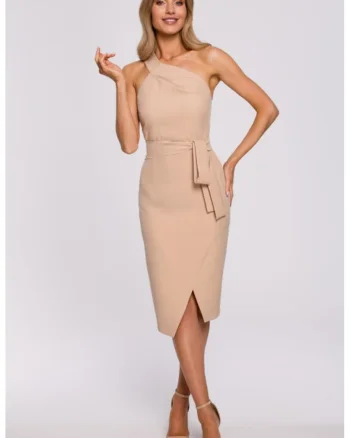 Rochie asimetrica, pe un umar,, Bej