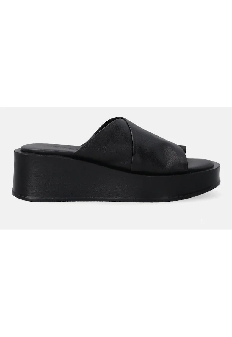 Papuci din piele cu talpa demi-wedge si aspect peliculizat