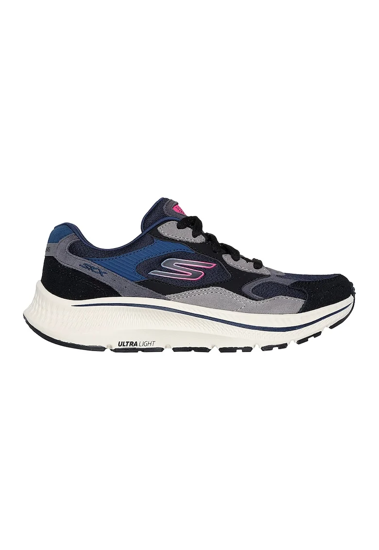 Pantofi sport Go Run Consistent 2.0- Retro cu insertii de piele intoarsa, Negru/Roz pastel/Albastru royal