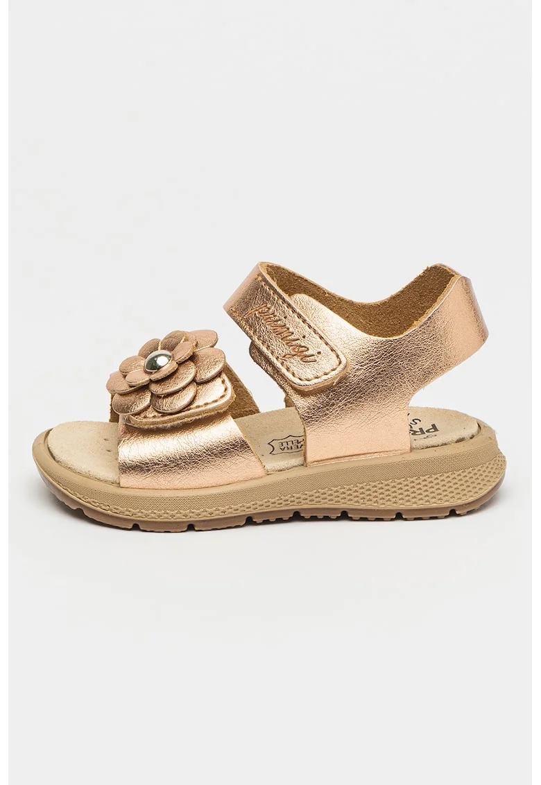 Sandale cu velcro si aplicatie floare, Auriu rose