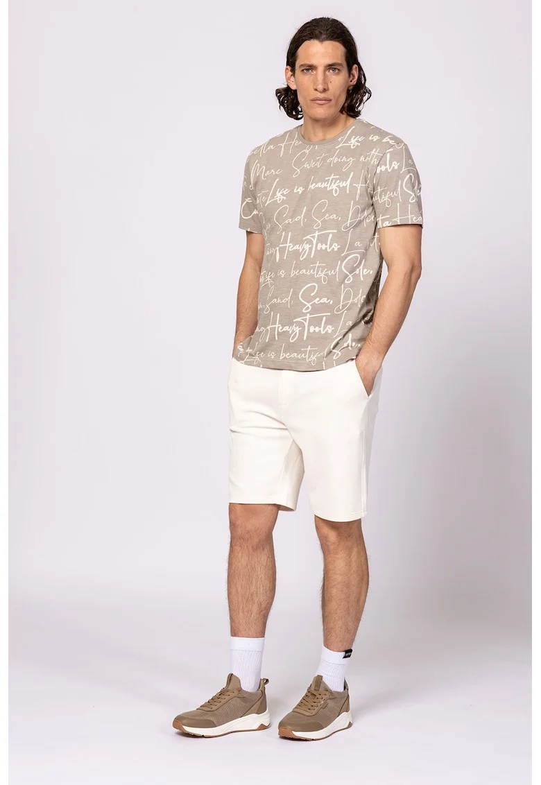 Tricou cu decolteu la baza gatului si imprimeu, Maro nisip