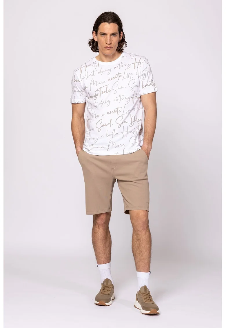 Tricou cu decolteu la baza gatului si imprimeu, Alb