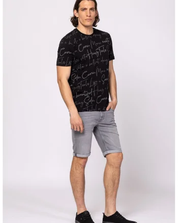 Tricou cu decolteu la baza gatului si imprimeu, Negru