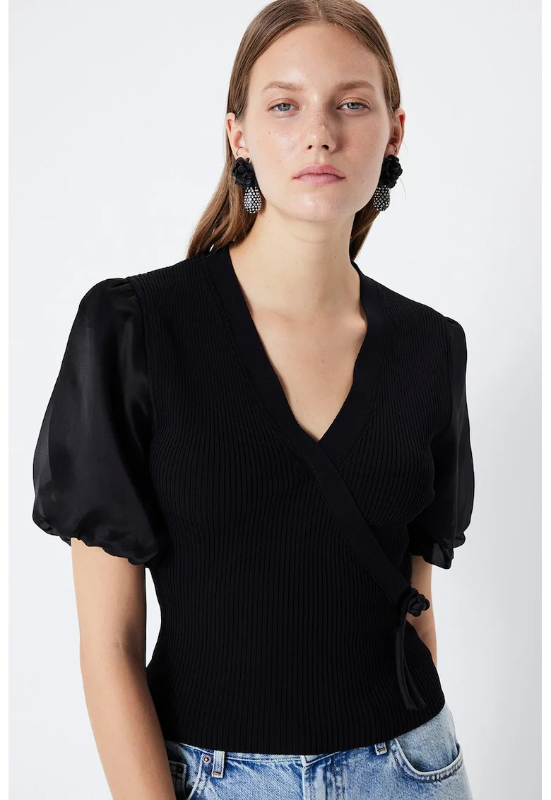 Bluza cu decolteu in V si maneci bufante, Negru/Negru stins