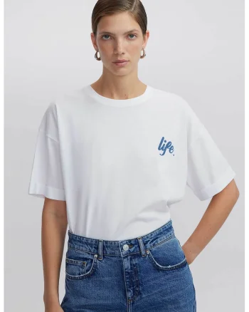 Tricou cu decolteu la baza gatului si imprimeu text, Alb/Albastru