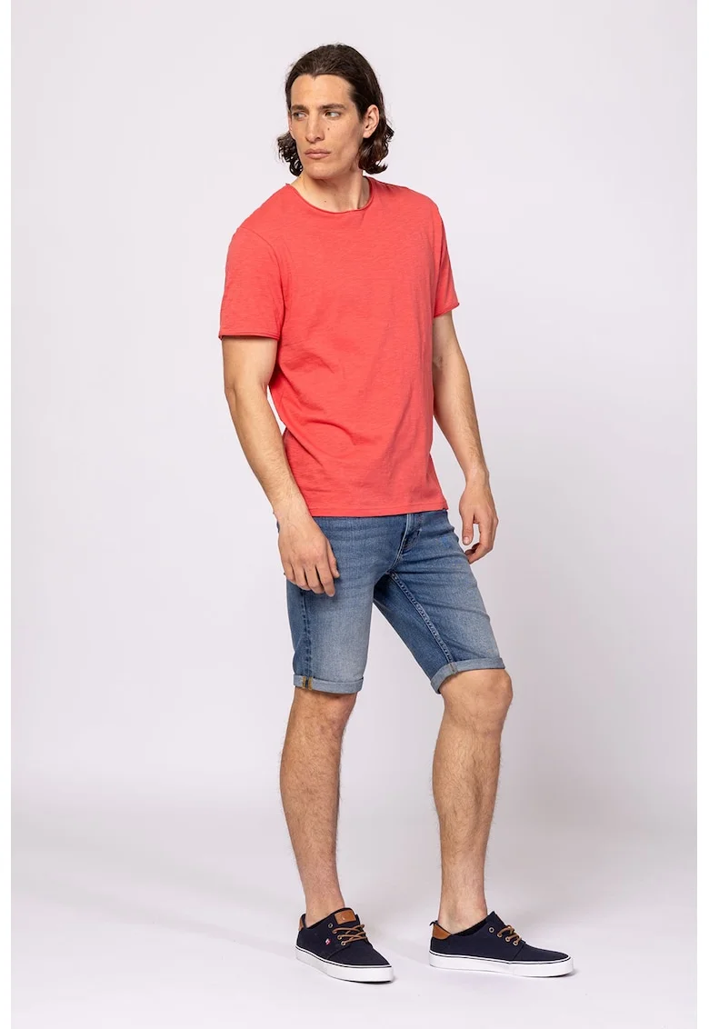 Tricou din bumbac cu decolteu la baza gatului, Coral