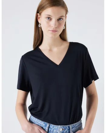 Tricou din amestec de modal cu decolteu in V, Negru