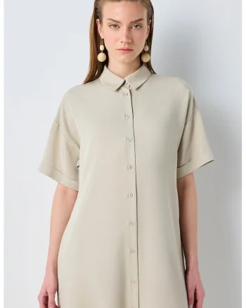 Rochie midi din lyocell cu maneci cazute, Maro nisip