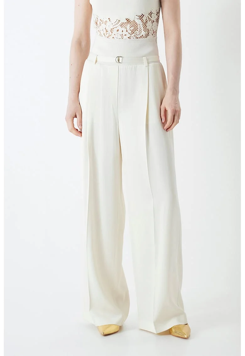 Pantaloni cu croiala ampla si curea skinny, Alb fildes