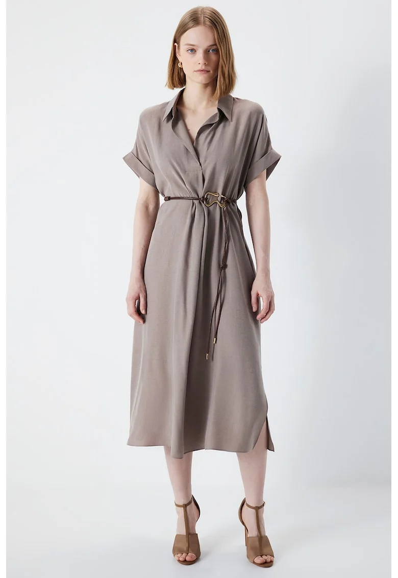 Rochie midi evazata cu catarama, Maro taupe