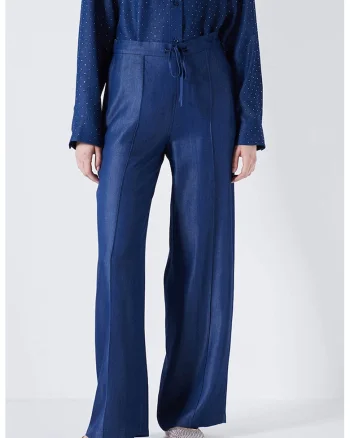 Pantaloni drepti cu snur de ajustare in talie, Bleumarin